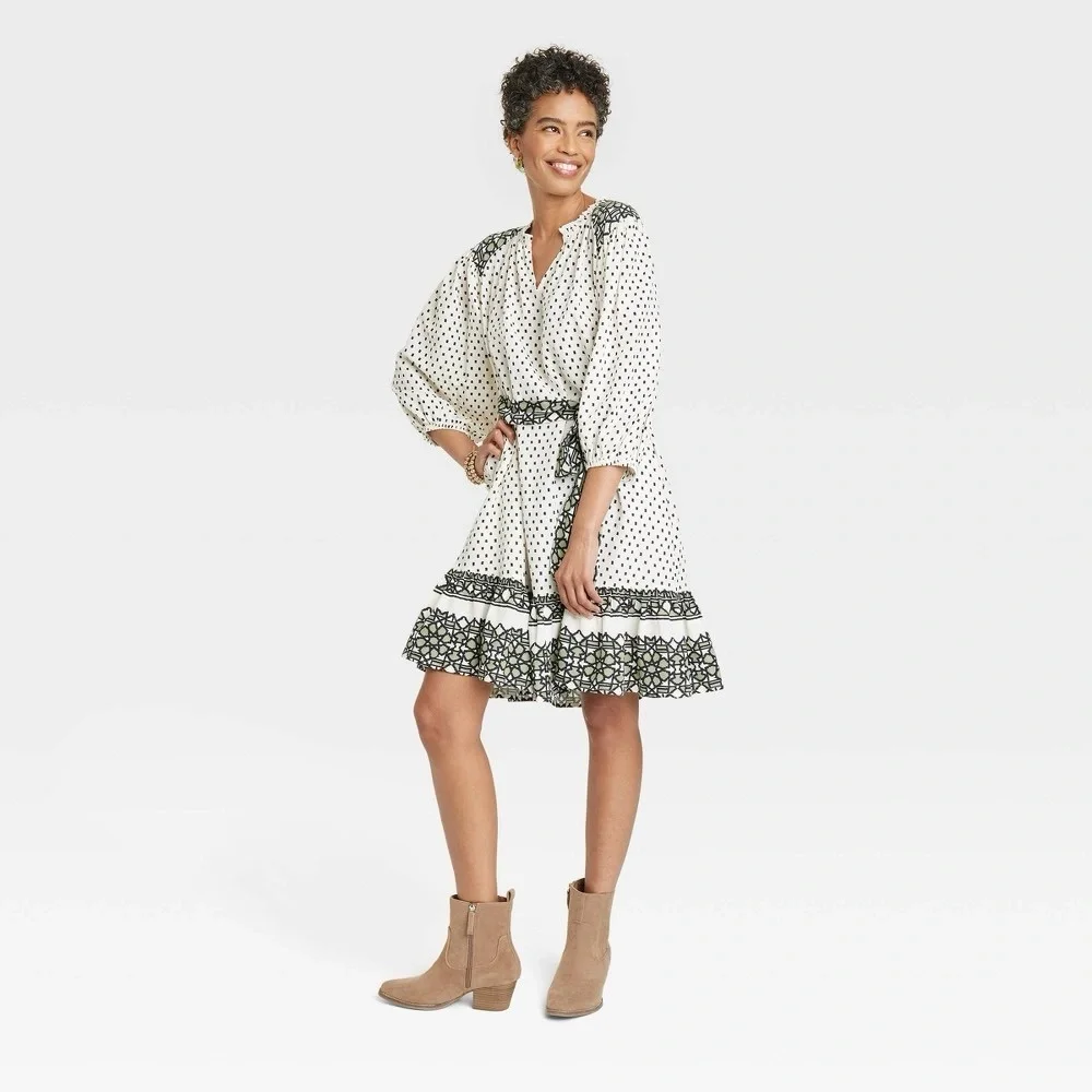 Women’s 3/4 Sleeve A-Line Dress • Knox Rose • Ivory Polka Dots - Picture 2 of 7